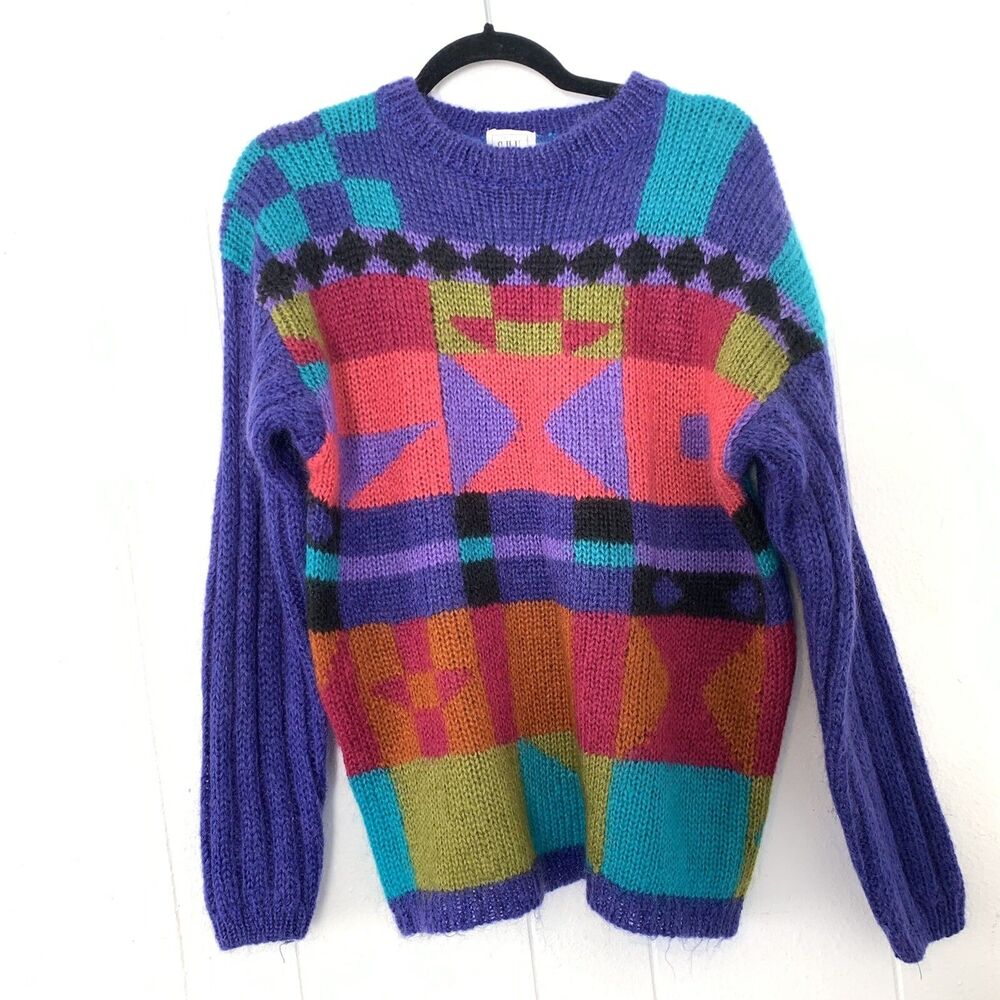 Vtg CHU Womens Small Sweater 50% Mohair 80s Neon Saved By The Bell Knit Geometri